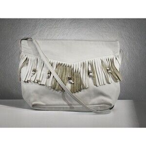 VINTAGE Etra White Leather Fringe Beaded Shoulder Bag Crossbody‎ Purse Y2K Boho
